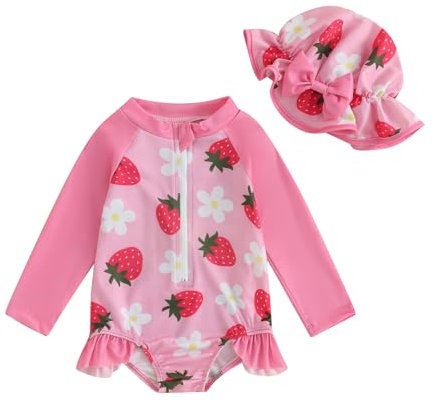 Vioyavo Infant Baby Girls Swimsuit Strawberry/Flower/Mermaid Print Long Sleeve Round Neck Swimwear Front Zipper Bathing Suit
