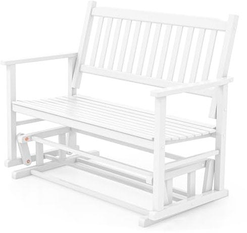 COSTWAY 2-Person Outdoor Glider Bench, Poplar Wood Frame Slatted Rocking Loveseat with Curved Backrest and Armrests, Patio Double Swing Gliding Seat for Balcony Porch Backyard Poolside