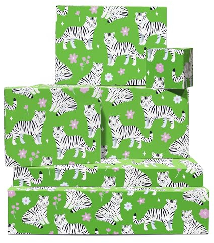 Geschenkpapier Dschungel – Weißer Tiger – 6 Blatt Grünes Geburtstagsgeschenkpapier – Safari – Blumen – Geschenkpapier Für Mädchen Geburtstag – Recycelbar – Von Central 23