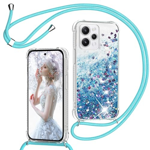 TUUTPU Handyband für Xiaomi Redmi 12 4G Hülle mit Band, Glitzer Treibsand Handyhülle mit Kordel zum Umhängen Transparent Stoßfest Schutzhülle mit Kette Schnur, Quicksand Necklace Case in Blau
