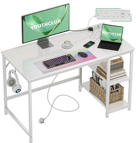 YOUTHCLUB Computer Desk,120x60cm Office Desk with Power Outlets and USB/Type-C,PC Desks for Student and Worker with 2 Shelves,Study Table for Writing,Wooden Desk for Bedroom,Home,Office,White