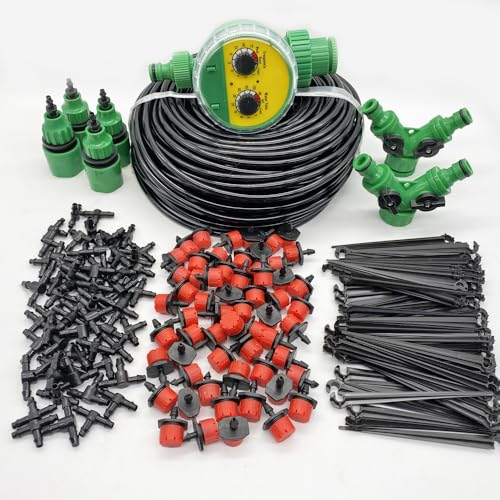 Kit de riego por goteo de 164 pies, tubo de 1/4 de pulgada, equipo de riego automático por microgoteo para invernadero, boquillas ajustables, emisores, accesorios de púas (50m kit timer)