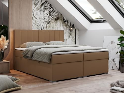 MKS MEBLE Boxspringbett 120x200 cm, Bett mit Multipocket Matratze H3 und Topper T25, Boxspringbett mit Bettkästen, Polsterbett mit Kopfteil - Lope - Braun Kunstleder