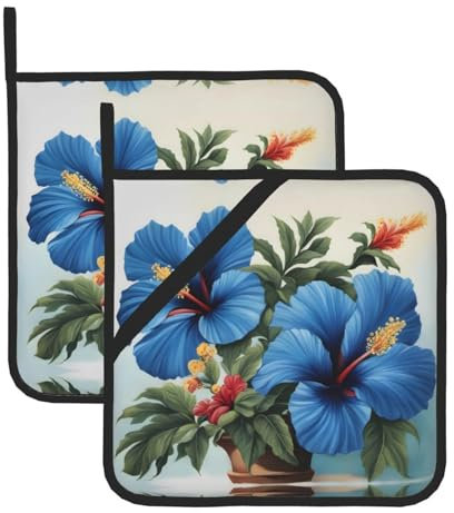 YYHWHJDE Quadratische isolierte Topfuntersetzer, hitzebeständig, ideal für Küchentopfdeckel und Grillabende im Freien, blauer Hibiskus-Druck