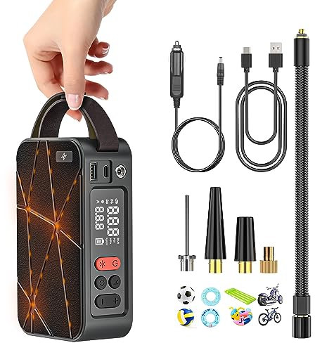 6000mah Compressore Aria Portatile Auto, Elettrico Pompa Elettrica per Bicicletta, Mini Compressore Pneumatici per Auto Ricaricabili con 4 Ugelli Diversi per Auto, Moto, Biciclette e Palloni