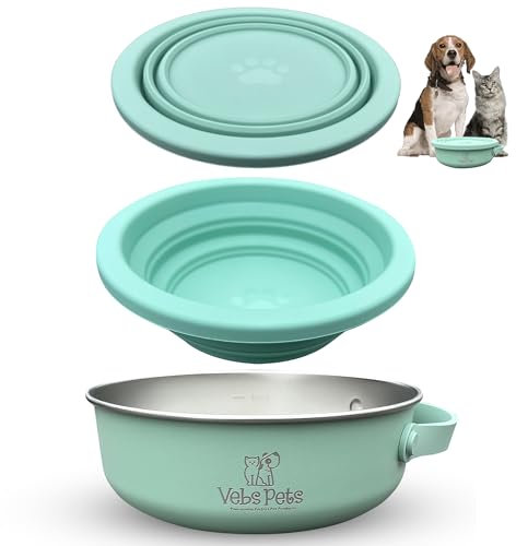 Vebs Pets Stainless Steel Dog Bowl - 30 oz & 20 oz Collapsible, Leak Proof, Non Slip, Portable Travel Bowl for Dogs & Cats (Jade)