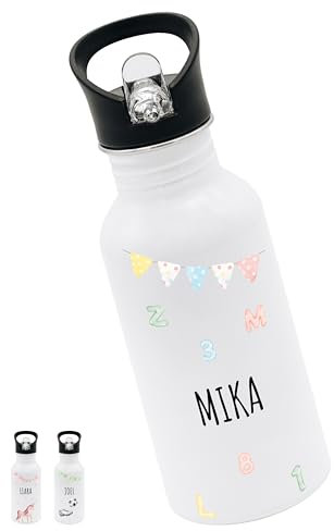 Bärenfreunde® - Personalisierte Trinkflasche Kinder Edelstahl [ 500ml ] - Robuste Trinkflasche mit Namen - Wasserflasche mit Trinkhalm - Personalisierte Geschenke für Kinder (Alphabet Zahlen)
