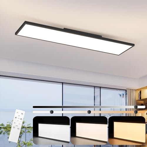 CBJKTX LED Panel Deckenleuchte Dimmbar Deckenpanel - 100x25 cm Büro Deckenlampe Flach mit Fernbedienung Schwarz Wohnzimmerlampe 24W Küchenlampe Modern Büroleuchte für Küche Flur Werkstatt Garage