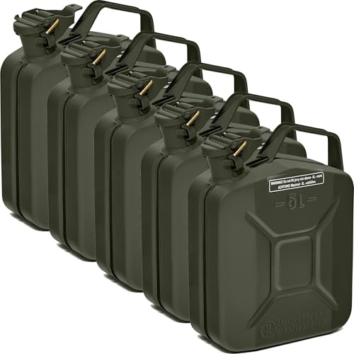 BW® Benzinkanister Metall 5x 5 Liter - Kraftstoffkanister Bronzegrün - RAL 6031-F9 - TÜV-geprüft und UN-Zulassung - 0,8mm Stahl nach DIN 7274 für Benzin Diesel E10 2-Takt - Made in Europe
