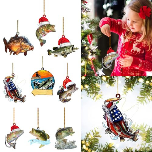 9 Stück Set Weihnachten Barsch Tier Deko Weihnachtsbaumschmuck 2D Acryl Anhänger Fisch Weihnachtsbaum Ornamente Weihnachtsdeko Saisonale Dekoration Valentinstag Liebhaber Fischliebhaber (Grün)
