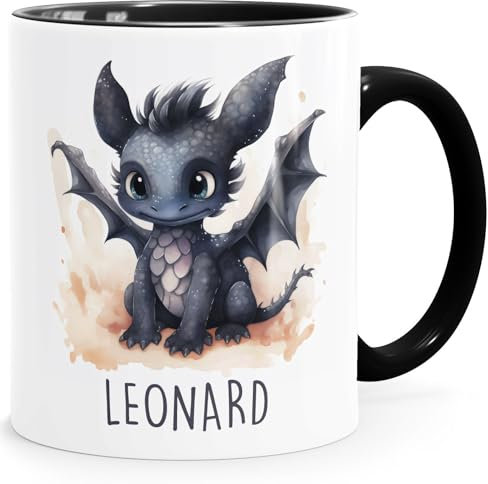 SpecialMe® Kindertasse Namenstasse Traktor Feuerwehrauto Rennwagen Auto Drache Keramikbecher Geschenk Kinder Jungen weiss-innen-schwarz standard