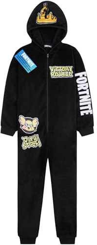 Get Trend Fortnite Onesie for Boys Teens 7-16 Years, Hooded Fleece Jumpsuit Pyjamas, Cosy PJs Loungewear, Gamer Gifts for Boys (9-10 Years, Black Fortnite)