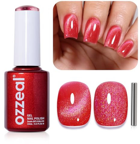 Ozzeal Cat Eye Gel Nail Polish, 15ML Strawberry Red Rainbow Magnetic Gel Nail Polish With Magnet UV LED Holographic Glitter Diamond Shimmer Sparkle DIY Manicure