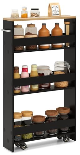 KOMFOTTEU Carro Estrecho de 4 Niveles con Ruedas, Carrito de Cocina con Asa, Carrito para Ahorrar Espacio para BAÑO, Dormitorio, Estantería Móvil de Almacenamiento, 47,5 x 20 x 80,5 cm (Negro)