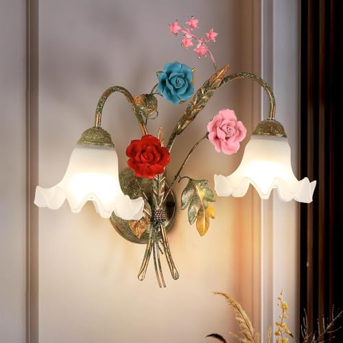meibeileil Wall Sconce Interior Retro Flowers 2 Heads, Decorative Lights Metal French Glass Lampshade, E27 Bedroom Living Room Hallway Stair Lighting 48X42cm