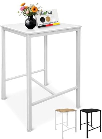 BeFair Bartisch Weiß, 60x60x100 cm, Hochtisch mit Fußstütze, Industrial Design, Metallbeine – Komfort und Stabilität
