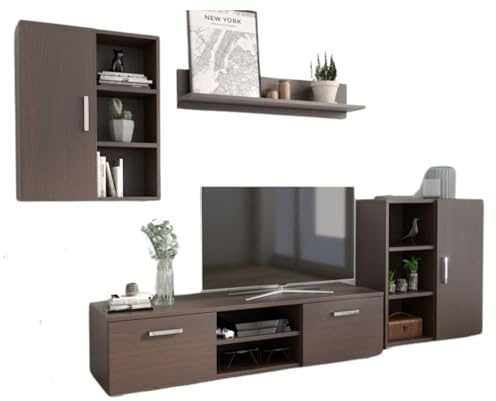 Per la vita Schrankwand Ikar Wenge – Modernes Wohnzimmermöbel Set mit TV-Schrank, Standregal, Hängeschrank & Wandregal bietet das Set Platz für Bücher – Schrankwand für Wohnzimmer & Jugendzimme