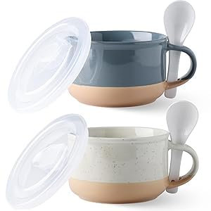 GBHOME Ceramic Soup Mugs with Handles and Lids,24 OZ Soup Cups Set of 2 with Terracotta Underside,Mug Bowls with Spoon for Soup/Cereal/Salad/Noodles/Ramen/Microware &Dishwasher Safe-Grey&Beige