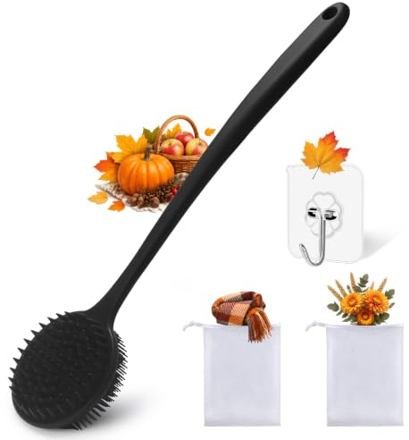 YouthRun Silicone Body Scrubber for Shower Men Women – Dual-Sided Exfoliating & Massage Shower Brush with Long Handle, Creates Rich Lather, Includes 1 Hook & 2 Lather Balls (Black).