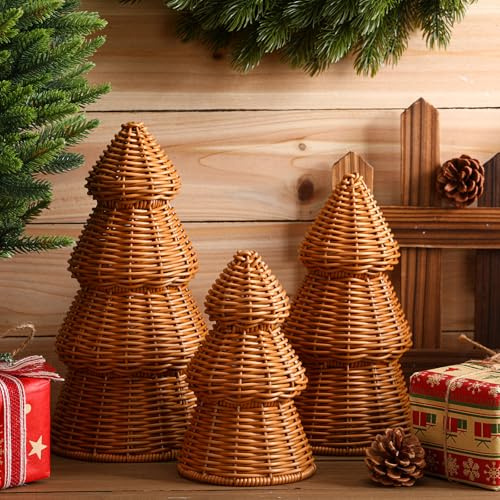 Bucherry Rattan-Weihnachtsbaum-Dekoration, rustikale Weihnachts-Tischdekoration, gewebter kleiner Weihnachtsbaum, Figuren, Statuen-Set für Bauernhaus-Tisch, Mittelstück im Wohnzimmer oder Esszimmer, 3