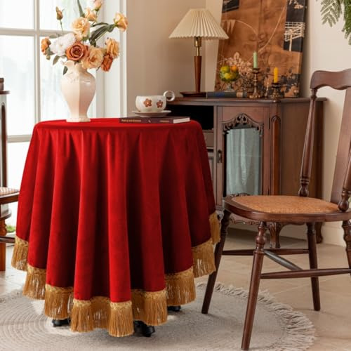 F-CHU Rote Tischdecke, dick, Samt-Tischdecke mit schönen goldfarbenen Quasten, Vintage-Tischdecke für Heimdekoration, Hochzeit, Party, Bankett und Veranstaltungen, 178 cm, rund