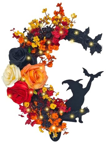 Halloween Haustürdekoration 35x25 cm - Moon Cat Wreath mit Kunstblumen | Charming Türkranz für Innenbereich | Geschenk für Katzenliebhaber & Party-Dekor (I)