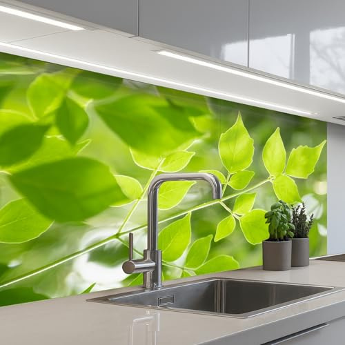 KitchenYeah© Splashback for kitchen 24x39 / 60x100 cm self-adhesive Sink Splash Splatter Guard Splashbacks Walls Nature - Spring - Green - Leaves