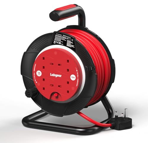 Labgear Extension Lead 15m Heavy Duty Cable Reel 4 Socket 13A Power Reel with Thermal Cut-Out Protection, Durable Drum and Carry Handle Black/Red