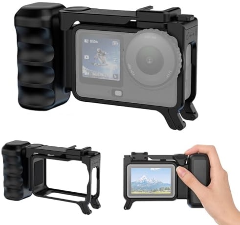 OURHZTB Street Photography Grip Kit for DJI Osmo Action 6 Camera Handle Grip Holder with Shutter Button, Quick-Release Protective Frame Case Cage with Lens Cap Protector, Lanyard