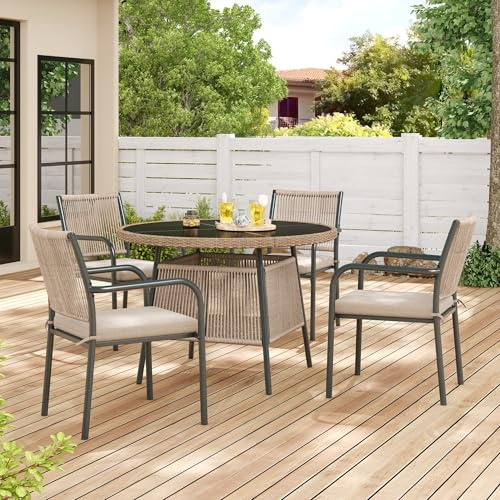 DACHETOU Juego de muebles de jardín de ratán gris con mesa redonda de cristal + 4 sillas con reposabrazos, estructura de hierro, adecuado para terraza, balcón o terraza