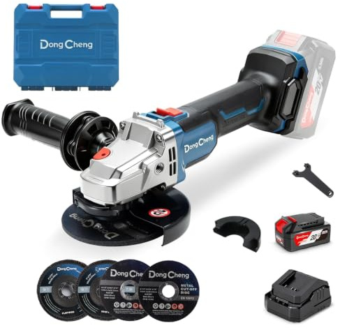 Dong Cheng 20V Cordless Angle Grinder 125mm, Brushless, 8500RPM,4.0Ah Kit | Tool-free Guard Adjustment, 4 Discs Included, Easy Handling, Compact Design, Ideal for Metal Cutting, Grinding & Polishing