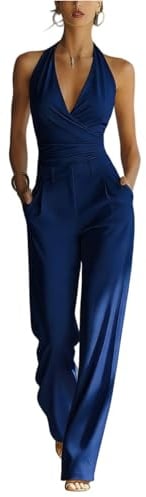 ZRYAZQ Jumpsuit Damen Elegant Für Hochzeit Overall Festlich Rückenfrei Neckholder Hosenanzug Business V Ausschnitt 2 Teilig Hosenanzüge Für Damen Hochzeitsgast Playsuit Party Ärmellos Romper Lang