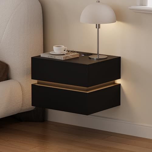 Homary Table de Chevet Suspendue avec LED, Table de Nuit Murale Intelligente en Bois avec 2 Tiroirs, Chargeur sans Fil et Lumière Réglable, Lumio Design Moderne Noir