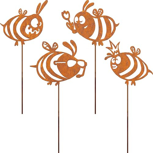 Bienen Rost Gartenstecker Metall Gartendeko Wetterfest 4er-Set 30cm | Blumenstecker Rost Deko für Garten Draußen Balkon Blumentöpfe