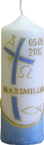 netsells handverzierte Taufkerze Motiv #015 * 6 x 18 cm * blau * mit individuellem Name u. Taufdatum