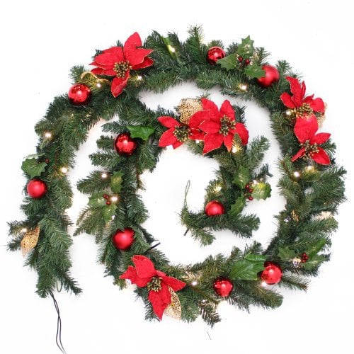 WeRChristmas Weihnachtsdekoration 9 ft beleuchteter Weihnachtsgirlande beleuchtet mit 40 warm weiß LED-Lichtern, rot/Gold Girlande rot/goldfarben