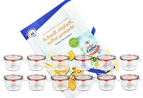 MamboCat 12er Set Weckgläser 80 ml Sturzglas mit Deckel Einkochring Klammern I Original Weck Sturzgläser I Einweckgläser für Kuchen Gelees UVM I inkl. Diamant-Zucker Gelierzauber Rezeptheft