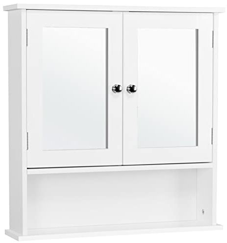 Yaheetech Double Door Bathroom Cabinet with Mirror Wall Mounted Storage Unit with Shelves, White, 13cm x 56.1cm x 58cm