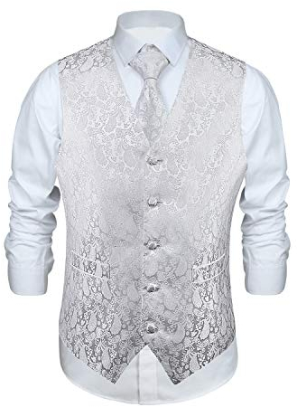 ENLISION Herren Paisley Weste Krawatte Einstecktuch Taschentuch Jacquard Weste Anzug Set, Weiß, Gr.- M(Chest size 44')