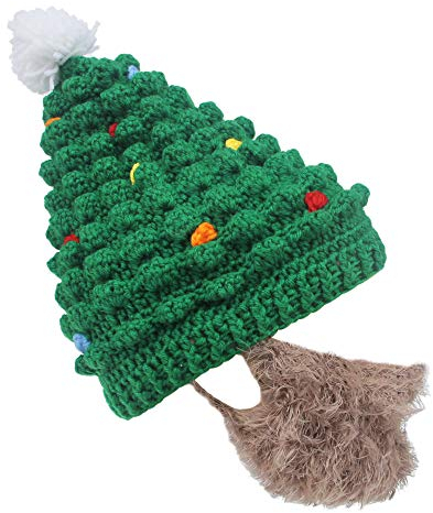 XINQIAO Unisex Gestrickt Weihnachtsmann Bart Hut Lustig Perücke Mütze (Braun Bart)