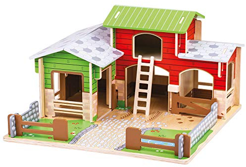 Bigjigs Toys Wooden Cobblestone Farm with Working Gates, a Stable, Hay Loft