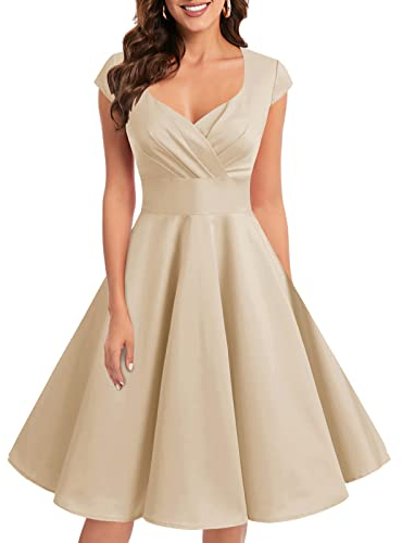 Bbonlinedress Robe de Mariage Soiree Cocktail Gala Fête Courte Vintage Années 50s Femme Col Carrée Champagne 3XL