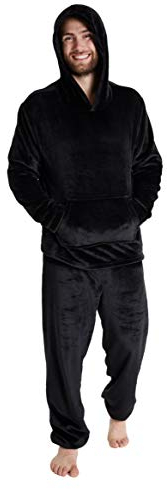 CityComfort Pigiama Uomo Invernale Pile Caldo con Cappuccio, Pigiami Due Pezzi Lunghi M - 2XL, Idee Regalo di Natale (Nero, XL)