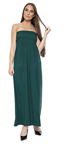 Womens Sheering Bandeau Boobtube Gather Strapless Summer Beach Maxi Dress 8-22 (XL 16-18, Bottle Green)