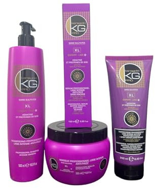 KERAGOLD PRO - Pack Ultime Expert Liss XL - Sans Sulfates à La Kératine & Protéine de Soie - Shampoing 500 ml + Masque 500 ml + Sérum 100 ml + Soin Sans Rinçage Aléatoire