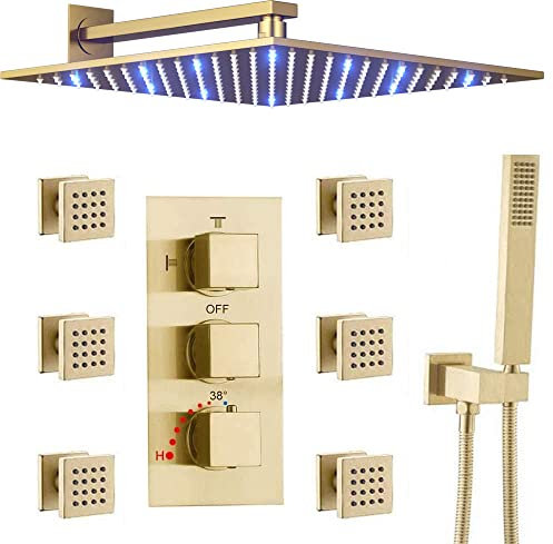 AYIVG Ensemble mitigeur de douche à effet pluie doré brossé de 30,5 cm pour salle de bain avec pommeau de douche mural avec 6 pulvérisateurs thermostatiques à 3 voies