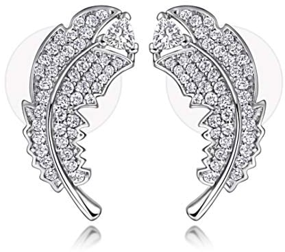 Ohrstecker, Ohrringe Engelsflügel mit Funkelnden Zirkonia Steinen I Hochwertiger Schmuck als Feder mit Engel für Damen und Frauen in Juweliersqualität (Silber)