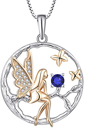 FJ Collar Ángel de la Guarda Plata de Ley 925 Colgante Árbol de la Vida Collar Hada Mariposa con Septiembre Piedra de Nacimiento Espinela Azul Joyas Regalos para Mujer Niña