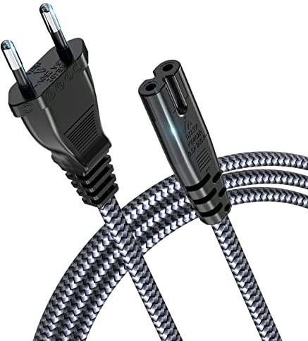 Cable de alimentación de 2 Pines, Cable de alimentación de 2m, Enchufe Europeo (CEE 7/16 a C7), Cable de Nailon Trenzado Universal de pequeño Dispositivo con VDE para TV, PS3/PS4/PS5