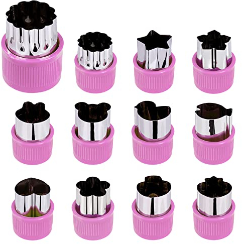 Vegetable Fruit Cutter Stainless Cookie Cutters Shapes Set with Anti-Slip Protection Handle for Cute Pastry Bento Lunch Kids Party 12 Pieces Purple